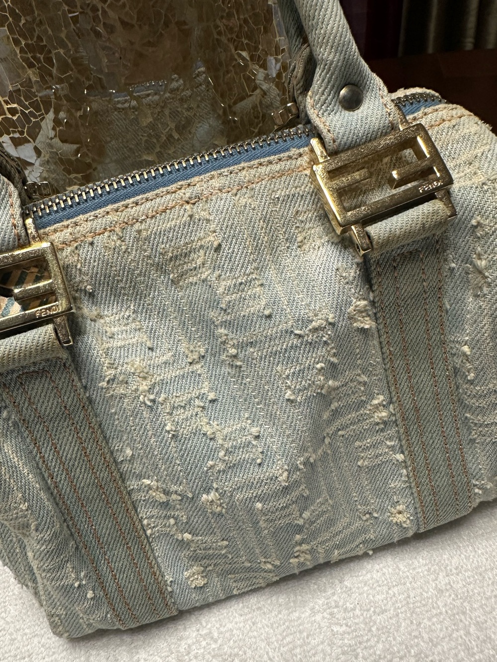 Fendi Vintage Denim Mini Boston Bag Distressed Zucca Y2K COA